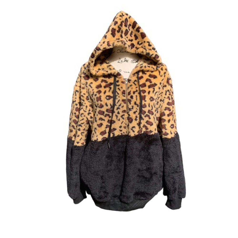 LEOPARD Print & Black Faux Fur Plush Sherpa Hoodie Sweatshirt Women’s Size Large - Picture 3 of 10